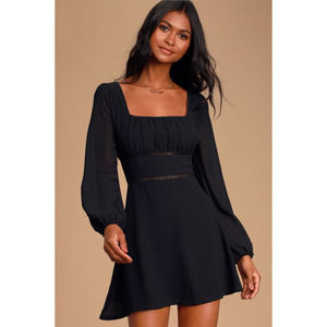 Lulus Loving Memories Black Long Sleeve Crochet Lace Skater Dress - Medium